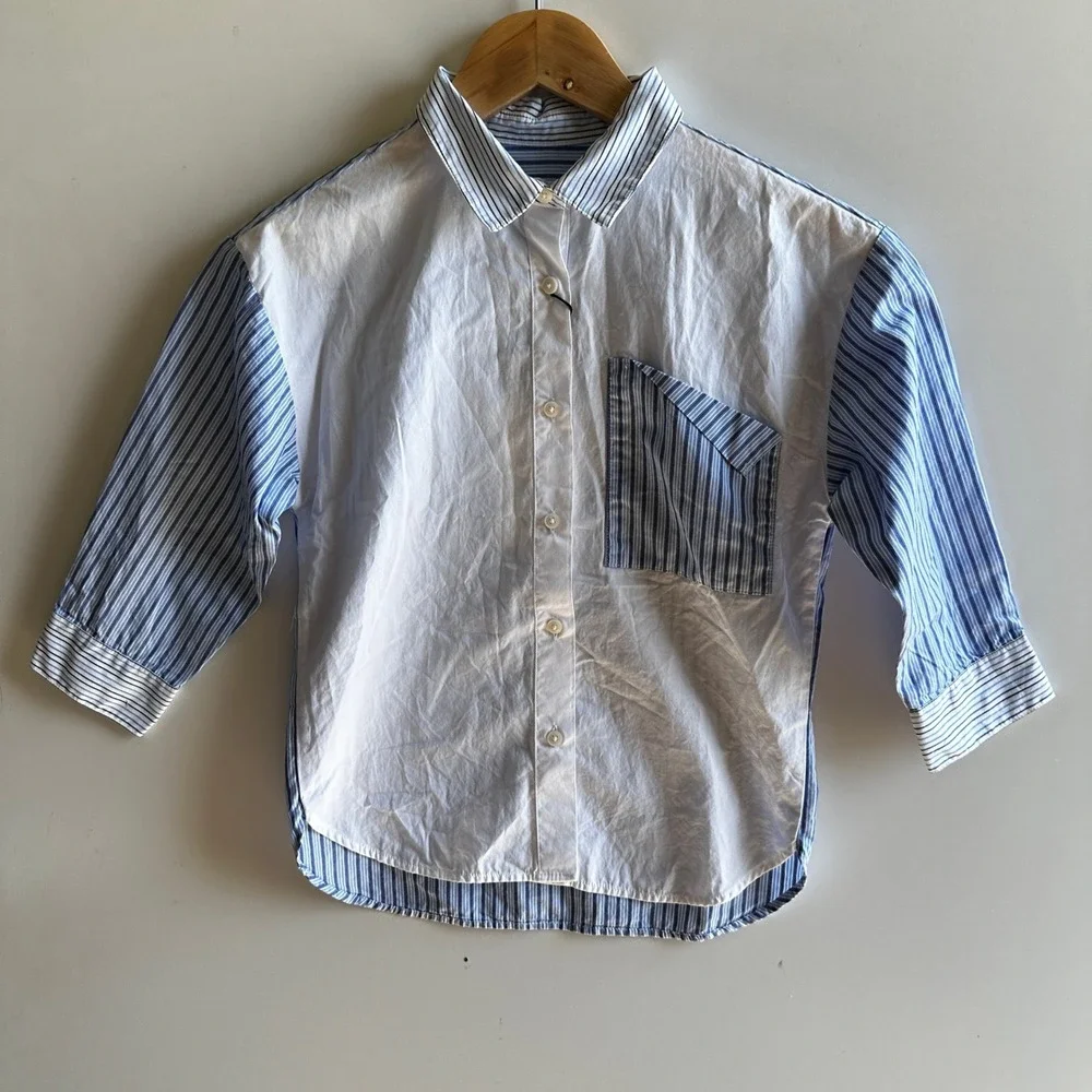 Zara Kids Button Down Shirt Blue/White Striped 3/4‎ Sleeve Classic Cotton NWT